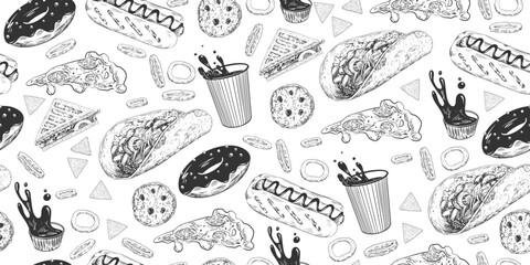 Seamless pattern with street food. Sketch style taco, nachos, sandwich, coffee, hot dog, pizza, donut, fried onion rings. Mexican cuisine. Collection of fast food isolated in white background