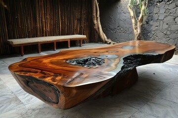 Artistic wooden table with resin details in a modern interior design
