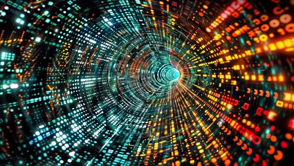 Fototapeta premium A mesmerizing tunnel of digital data, glowing with vibrant hues, representing speed, technology, and the infinite possibilities of the information age.