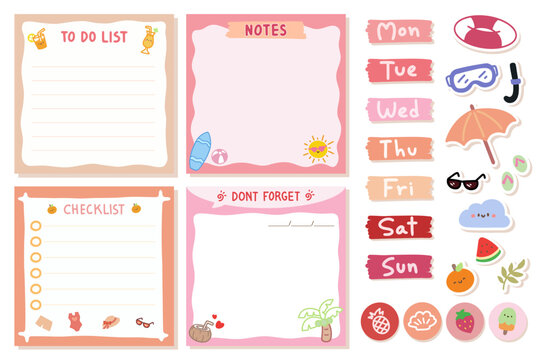 Set of Cute template notes with Summer theme. Memos and stickers. Cute paper memo template. Notes, memos and to do lists used in a diary, home or office.