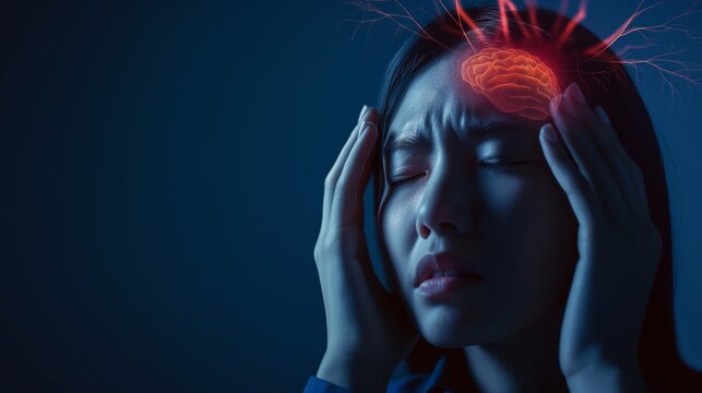 Digital concept image depicting a young woman in agonizing pain, clutching her head with a glowing illustration of a brain indicating a severe migraine or neurological condition