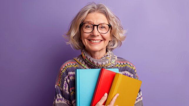 Cheerful Senior Lady Holding Books