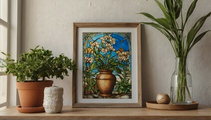 seaside villa, close-up of picture frame mockup, plants, stained glass window, vase