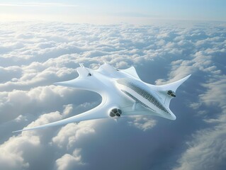 An ultramodern aircraft, utilizing visionary biotechnology, charts an incomprehensible route through the clouds, isolated on white