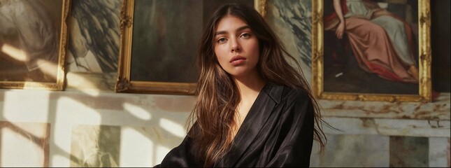 Model wearing a black silk robe posing in front of classical paintings in a grand mansion, with long brown hair. The paintings were in the style of classical artists.
