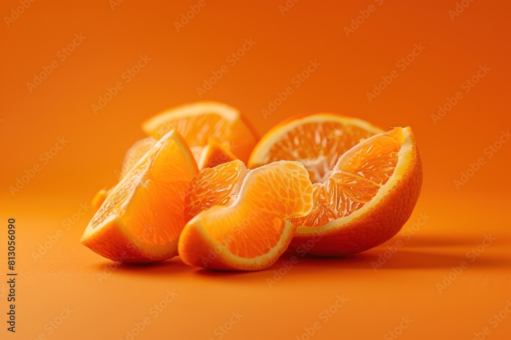 Poster a pile of oranges with one of them cut in half. the oranges are orange and the background is orange 