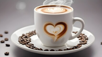 Obraz premium PNG image of a hot coffee cup with a heart-shaped latte and milk foam on a translucent white saucer.