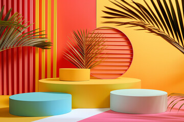 3d render of a product display with podiums and palm leaves in a summery setting - Powered by Adobe