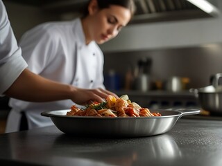 A close-up of a chef preparing a delicious meal in a professional kitchen