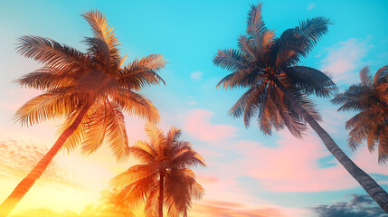 Coconut palm trees, Palm trees against the sky during a tropical sunset. Summer vacation