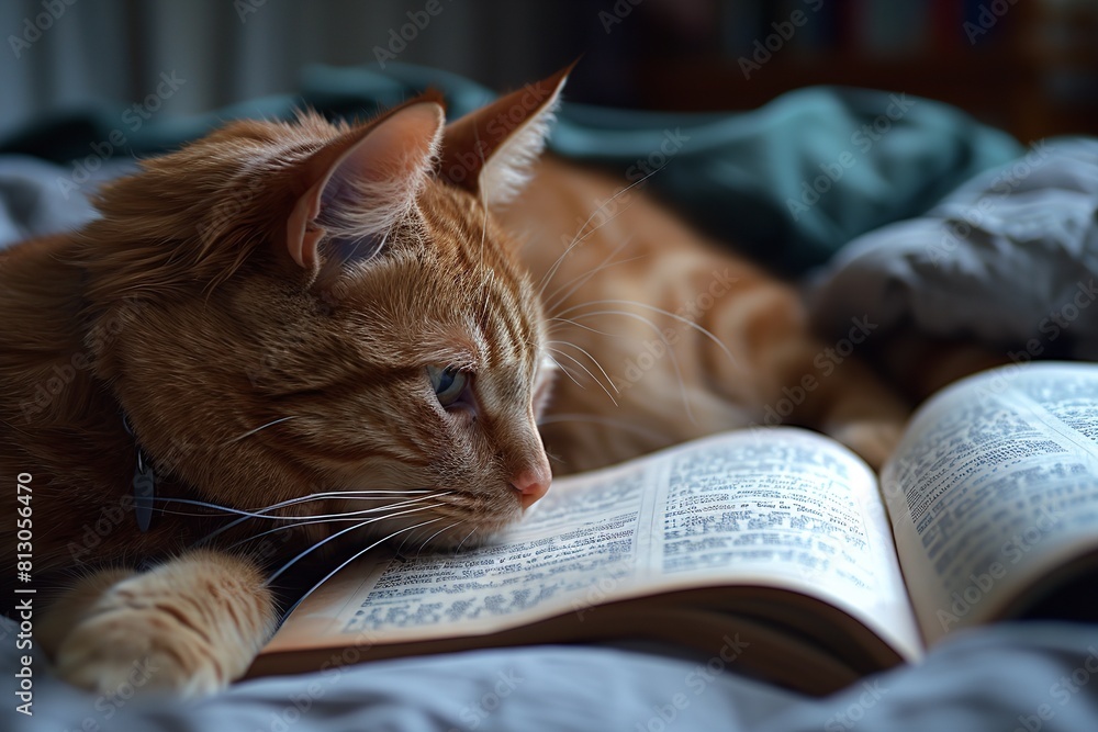 Wall mural A domestic cat relaxing on a bed, engaged in reading a book. The feline appears focused on the text, displaying curiosity and intelligence - Wall murals