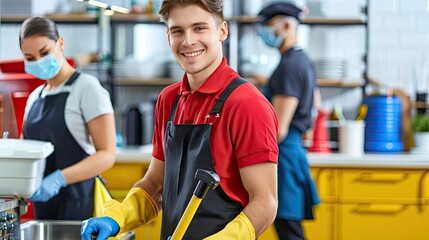 Sparkling Clean: Happy Cleaner in Red Uniform at Restaurant Bathroom
