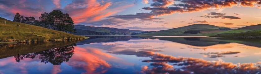 Fototapeta premium The tranquil lake reflects the vibrant hues, creating a stunning mirror image of the spectacle above