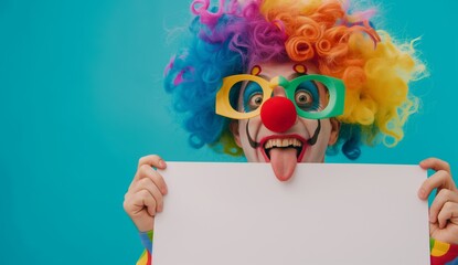 Vibrant clown with colorful hair and oversized glasses playfully sticks out tongue while holding a white blank sign for your message, against a bright blue backdrop