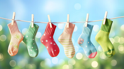 Socks clothesline with clothespins, cotton and wool socks on rope, Socks hanging on laundry line with pins, Children socks, colorful clothes on clothesline