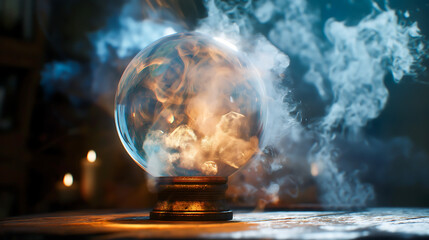 Obraz premium Crystal ball with occult equipment and mysterious smoke. Magical header