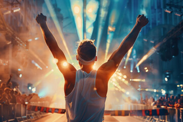 Runner finishing with raised arms. Happy athlete crossing finish line after marathon