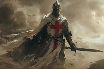 Obraz premium Templar knight in full armor standing ready for battle. Medieval Warrior