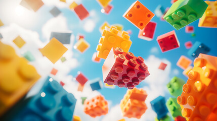 Block brick toys floating in the air, Construction building toys are falling for flyer, Children goods, Toys and games