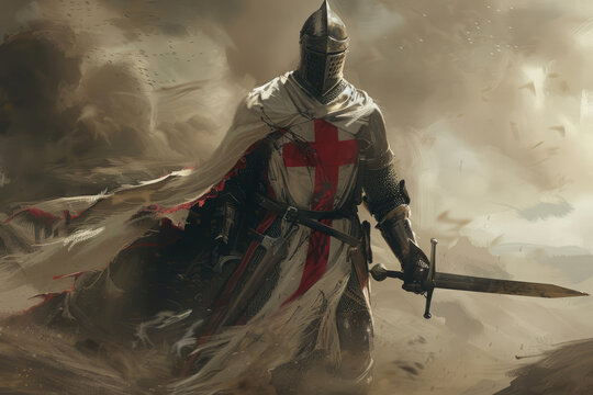 Templar knight in full armor standing ready for battle. Medieval Warrior