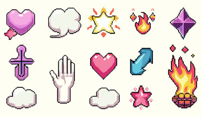 Vector 8-bit retro style illustration of hand, heart, star, cloud, fire flame in a set of pixel art dialogue box with speech bubbles in the mood of 90's aesthetics, retro, pixel art, dialogue box.