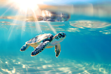Small baby sea turtle swimming in ocean on World Turtle Day, May 23