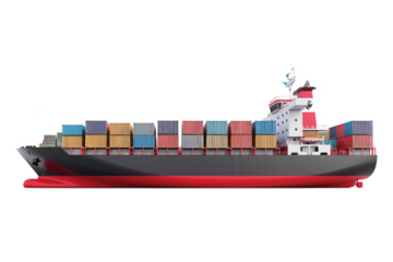 Large cargo ship transporting containers isolated on white background. Freight shipping and logistics industry.