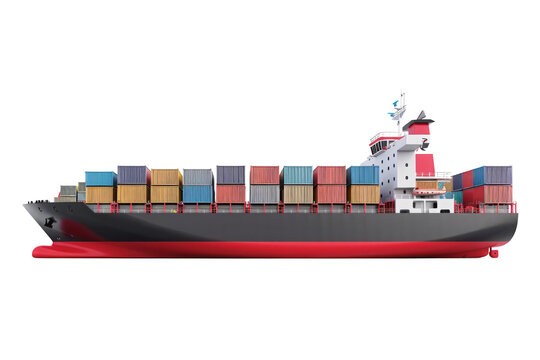 Large cargo ship transporting containers isolated on white background. Freight shipping and logistics industry.