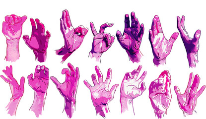 Isolated vector illustration of Retro game style neon pink icon. Set of pixel art human hand gestures. Digital design. Vintage arcade. Cartoon character. Neon sign. Pixel artwork. Retro gaming.