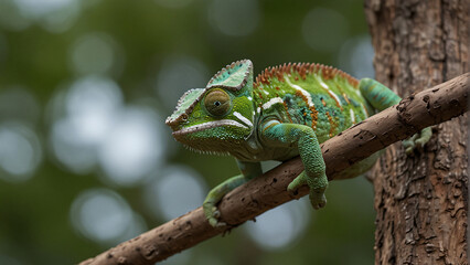 Obraz premium A green and blue chameleon is sitting on a branch