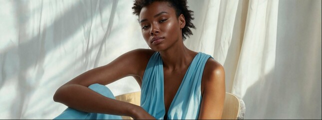  black woman in a blue dress sitting on a chair, a still from an animated film in the style of Gabi Wolfe, wearing a light blue silk nightgown with thin straps, she has short hair, white curtains behi