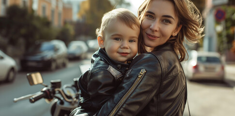 Young, stylish mother in a leather jacket lovingly holds her smiling toddler boy while standing on a sunny urban street, with soft-focus city life in the background