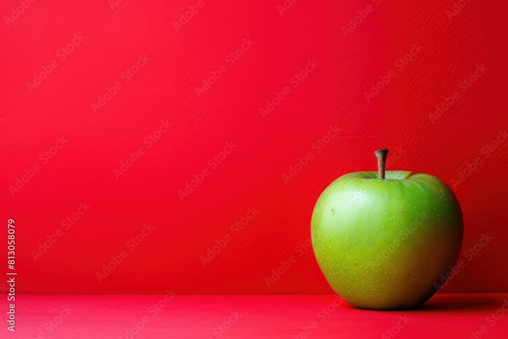 Poster a green apple sits on a red background. the red background creates a sense of contrast and emphasis 
