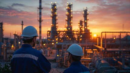Two engineers engaged in discussion against the backdrop of an oil refinery, power plant, and the setting sun