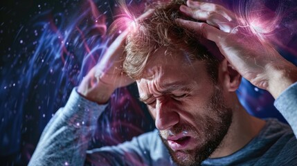 Young Man in Distress from Loud Noise. His face contorted in a grimace of pain, suggesting he is suffering from a severe headache or noise sensitivity. Migraine or intense stress