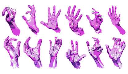 Isolated vector illustration of retro game style neon pink icon set of pixel art human hand gestures. Neon, retro, pixel art, vector illustration, hand gestures.