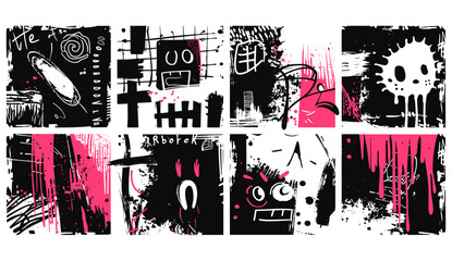 Trendy vector illustration of grunge texture, hand-drawn doodle, splatters, set of punk rock scribble poster. Punk, alternative, indie, rebellion, edgy.