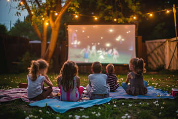 Children in an outdoors movie night watching a movie
