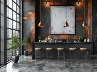 A modern kitchen with a black counter and a white wall