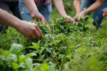 hands touching plants and grass