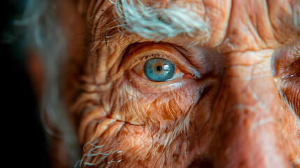 Retrato cercano de anciano con ojos azules y expresi&oacute;n sabia