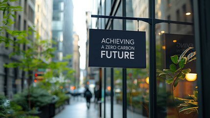 Achieving a zero-carbon future in front of a modern office building	
