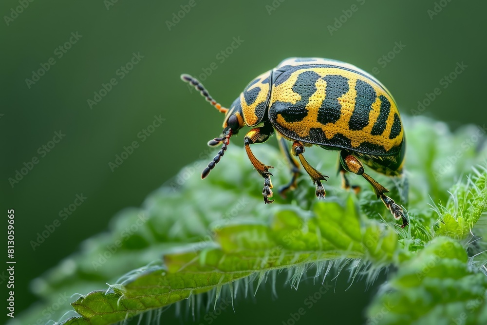 Poster closeup image of a colorful beetle with intricate patterns on its back, perched on a green leaf