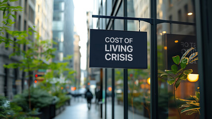 Cost of Living Crisis sign in front of a modern office building	
