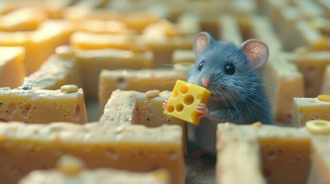 3D cartoon of a mouse winning a cheese maze, tiny trophy in hand