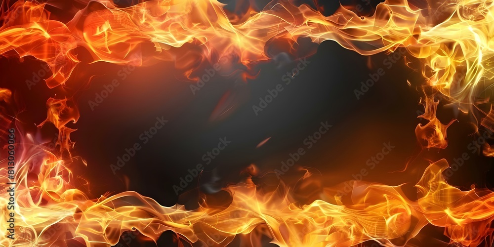 Poster fiery flames in a rectangular frame against a black background. concept abstract art, fire element, 