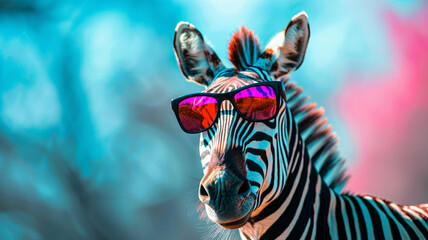 Naklejka premium Zebra Adorned in Vibrant Sunglasses A Striking Image for Advertising and Marketing