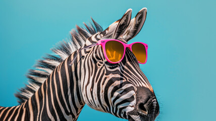 Naklejka premium Zebra donning Vibrant Sunglasses A Quirky Approach to Fashionable Advertising