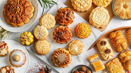Chinese Pastries Mooncakes, pineapple buns, and other bakery items