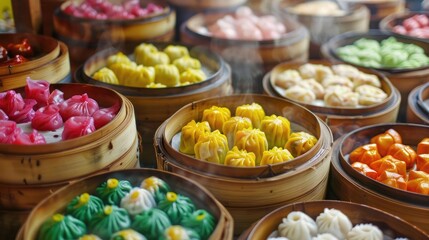 Dim Sum Assortment A colorful display of various dim sum in bamboo steamers